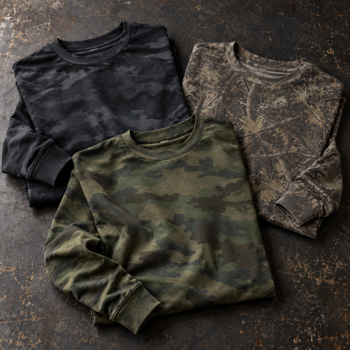 Three folded camouflage long-sleeve shirts in black, forest green, and tree patterns on a workshop bench.