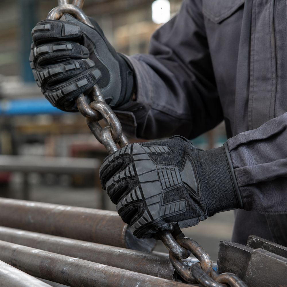 Impact-resistant work gloves gripping a heavy metal chain in an industrial work area