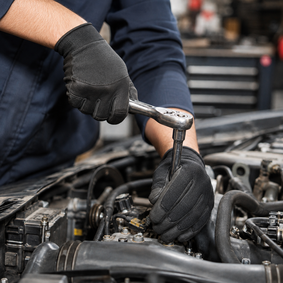 Mechanics gloves worn while using a ratchet on industrial equipment