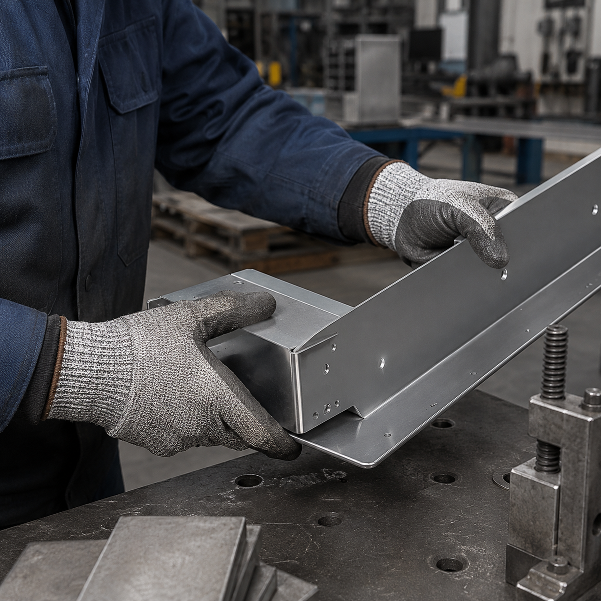 Metal fabrication worker wearing cut-resistant gloves while handling sheet metal