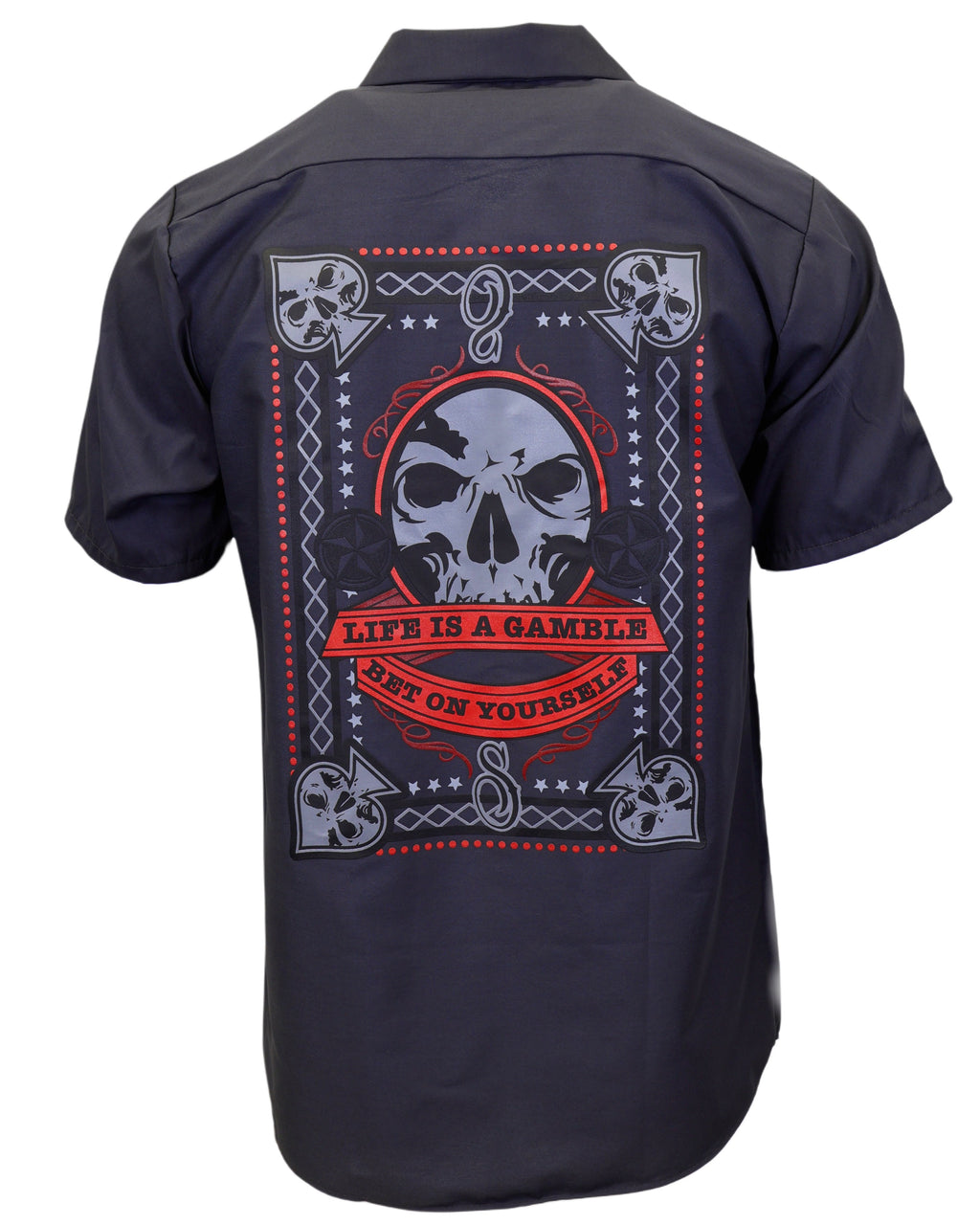 Demons Behind Me Gambler Embroidered Industrial Shop Shirt