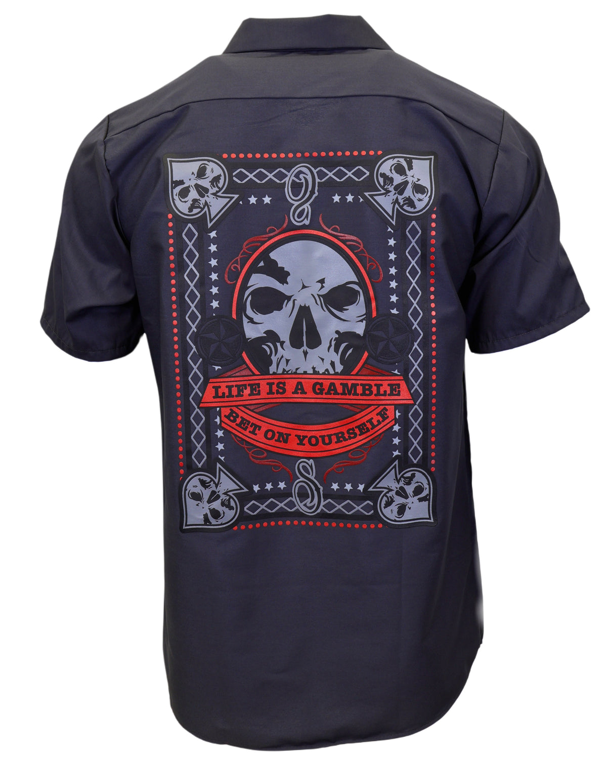 Demons Behind Me Gambler Embroidered Industrial Shop Shirt
