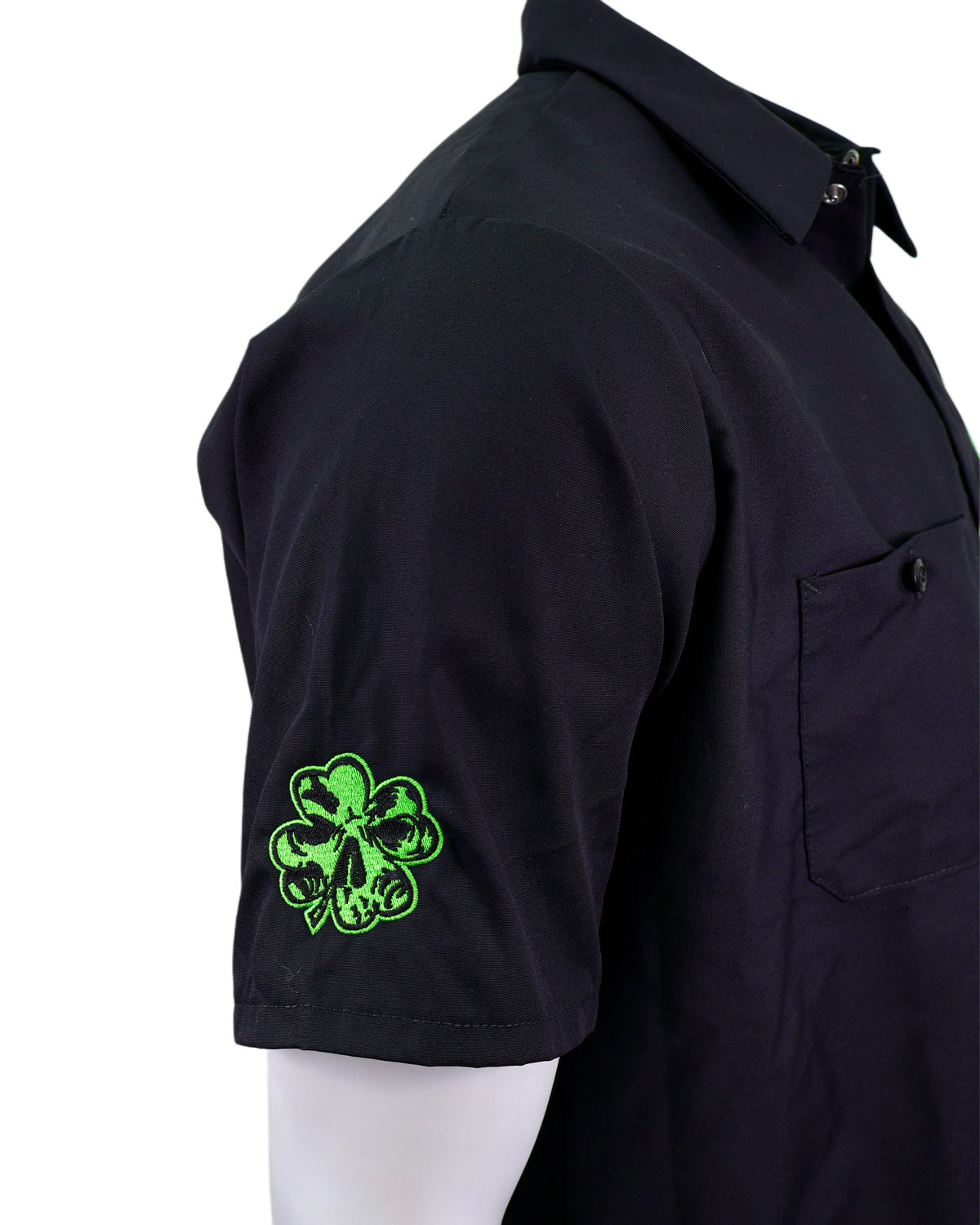 Demons Behind Me Lucky Embroidered Industrial Shop Shirt