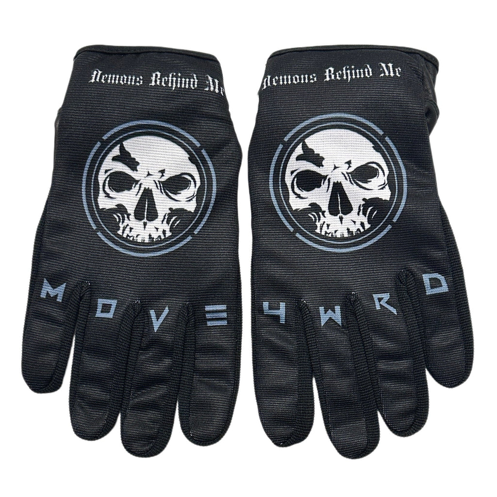 Demons Behind Me Leather-Palm Riding Gloves – White Logo