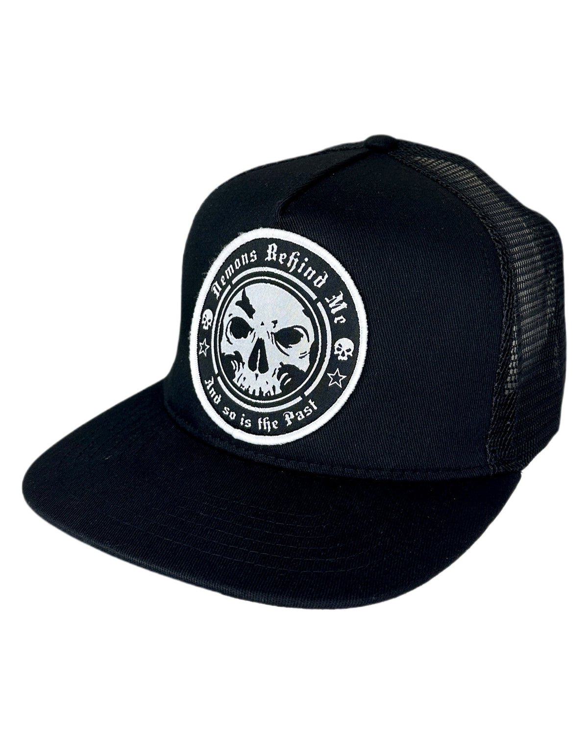 Demons Behind Me Circle Skull Trucker Hat – Black