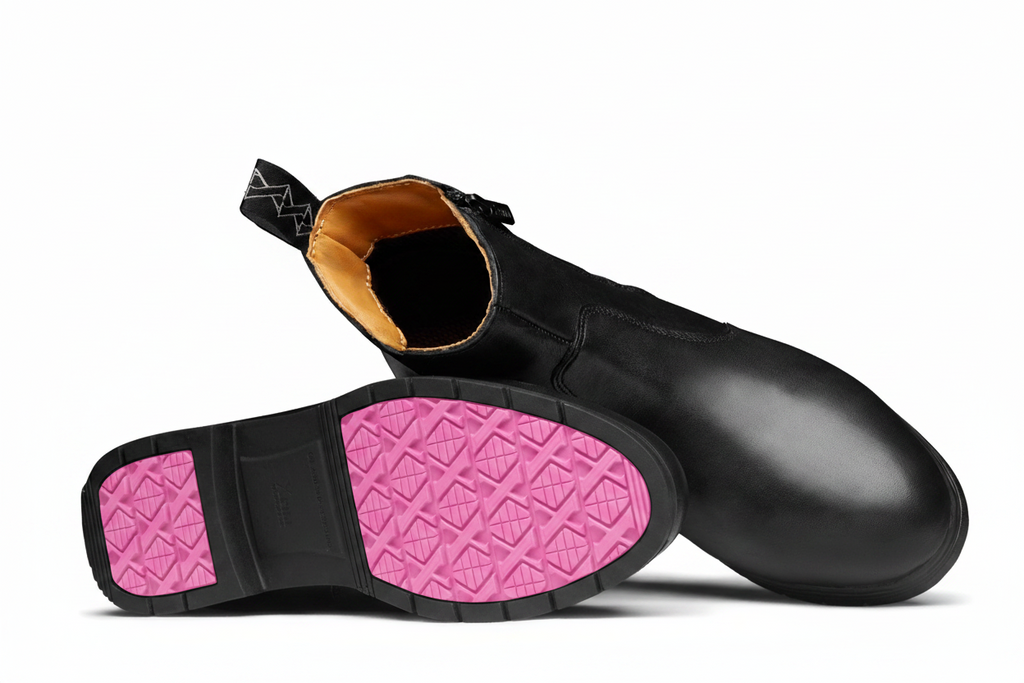 Xena Omega women’s work boots showing pink-accent outsole tread
