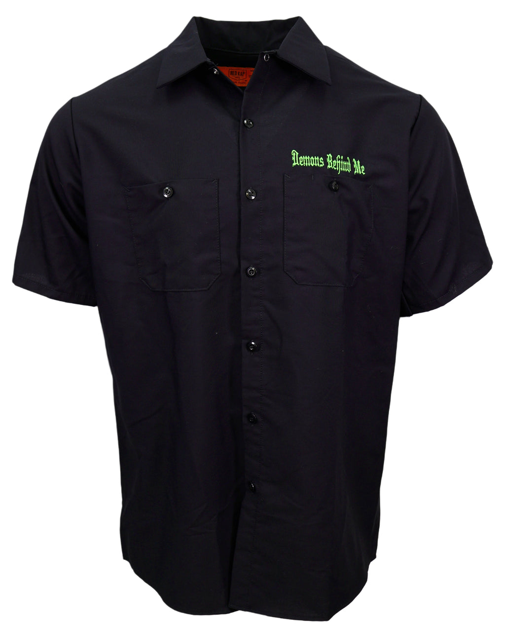 Demons Behind Me Lucky Embroidered Industrial Shop Shirt