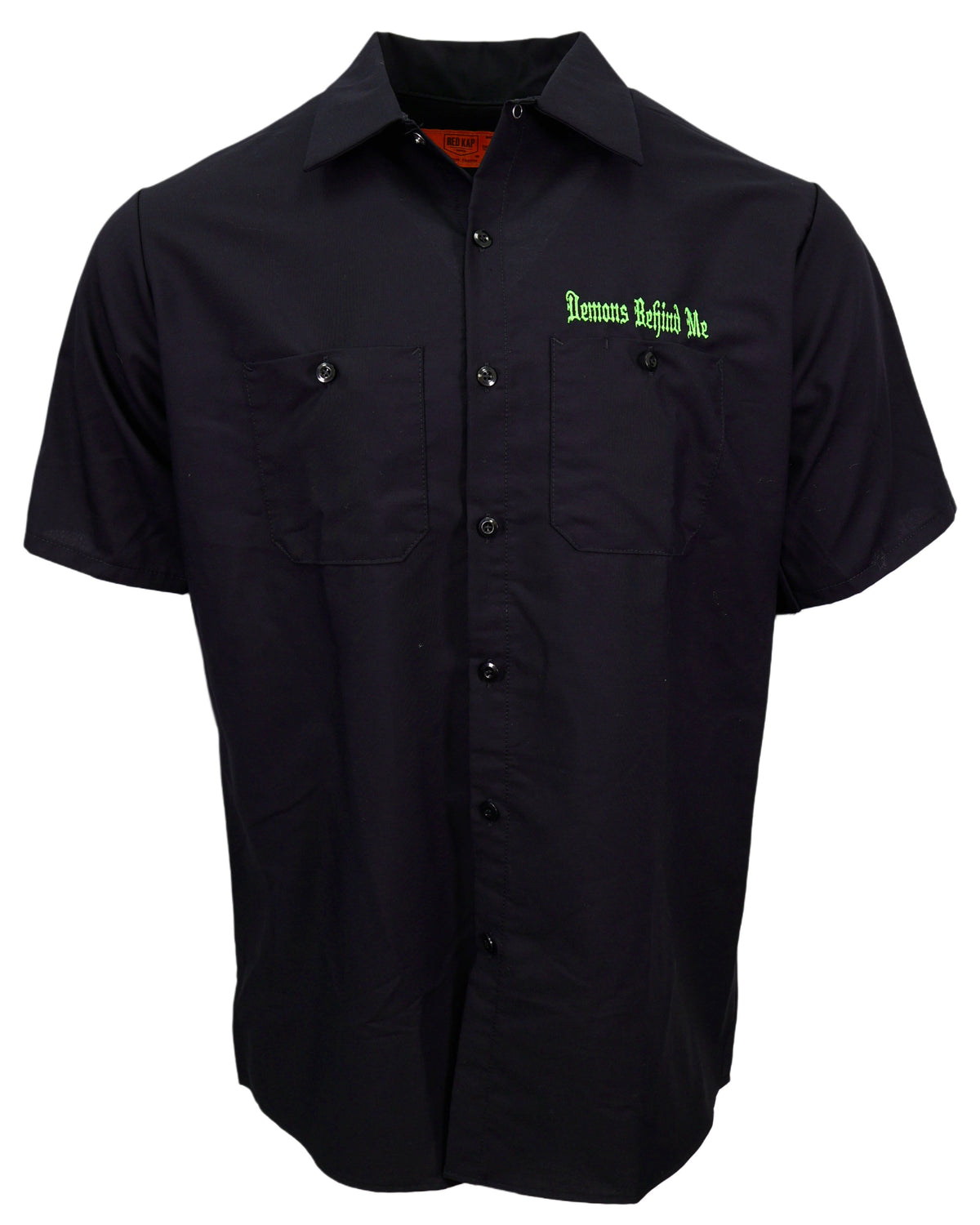 Demons Behind Me Lucky Embroidered Industrial Shop Shirt