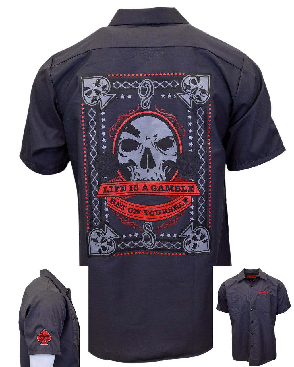 Demons Behind Me Gambler Embroidered Industrial Shop Shirt