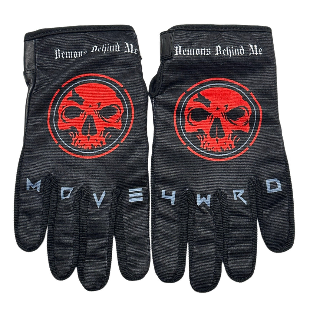Demons Behind Me Leather-Palm Riding Gloves – Red Logo