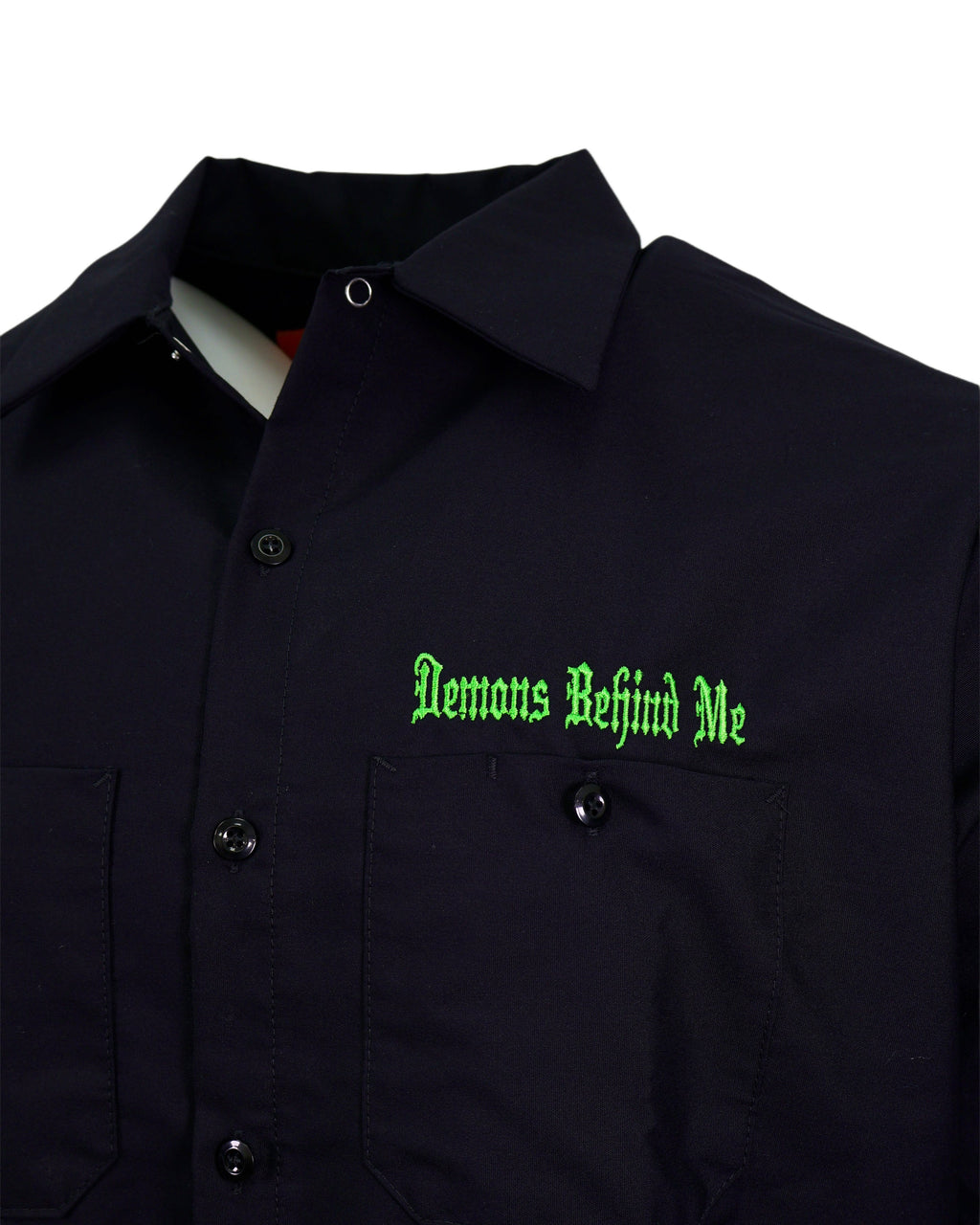 Demons Behind Me Lucky Embroidered Industrial Shop Shirt