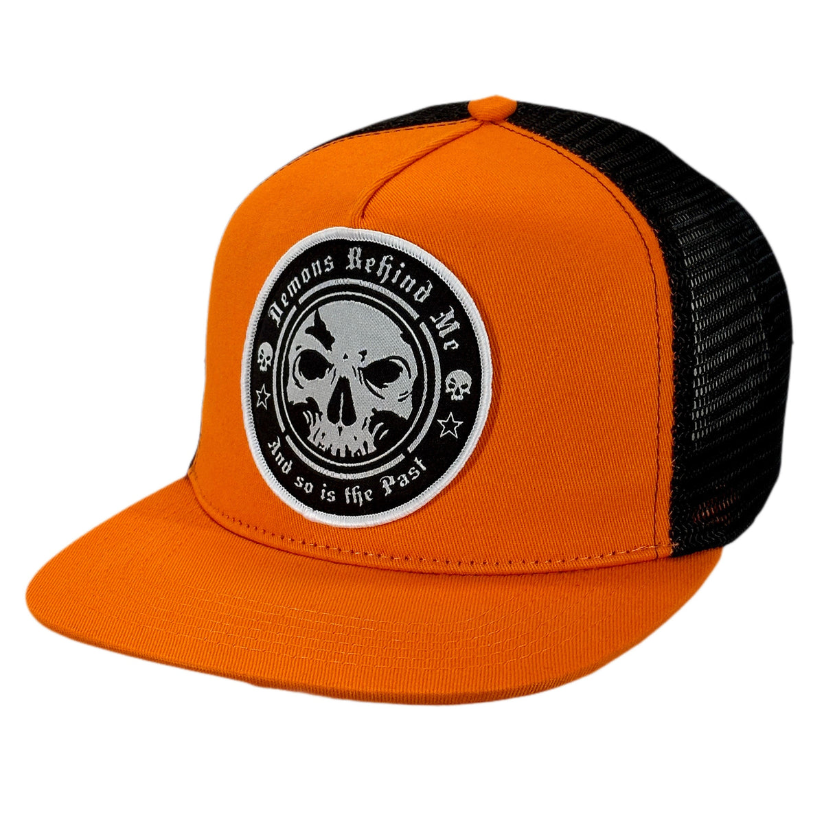 Demons Behind Me Circle Skull Trucker Hat – Orange & Black