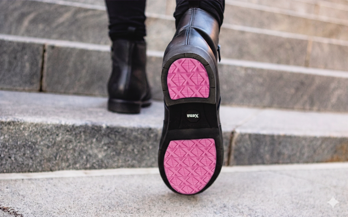 Xena Omega black work boots with pink-accent outsole, worn on steps