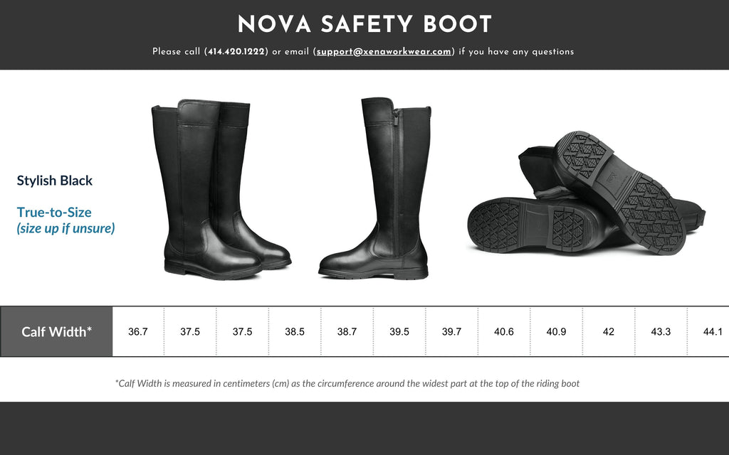 Xena Nova calf-size chart for women’s riding-style work boots