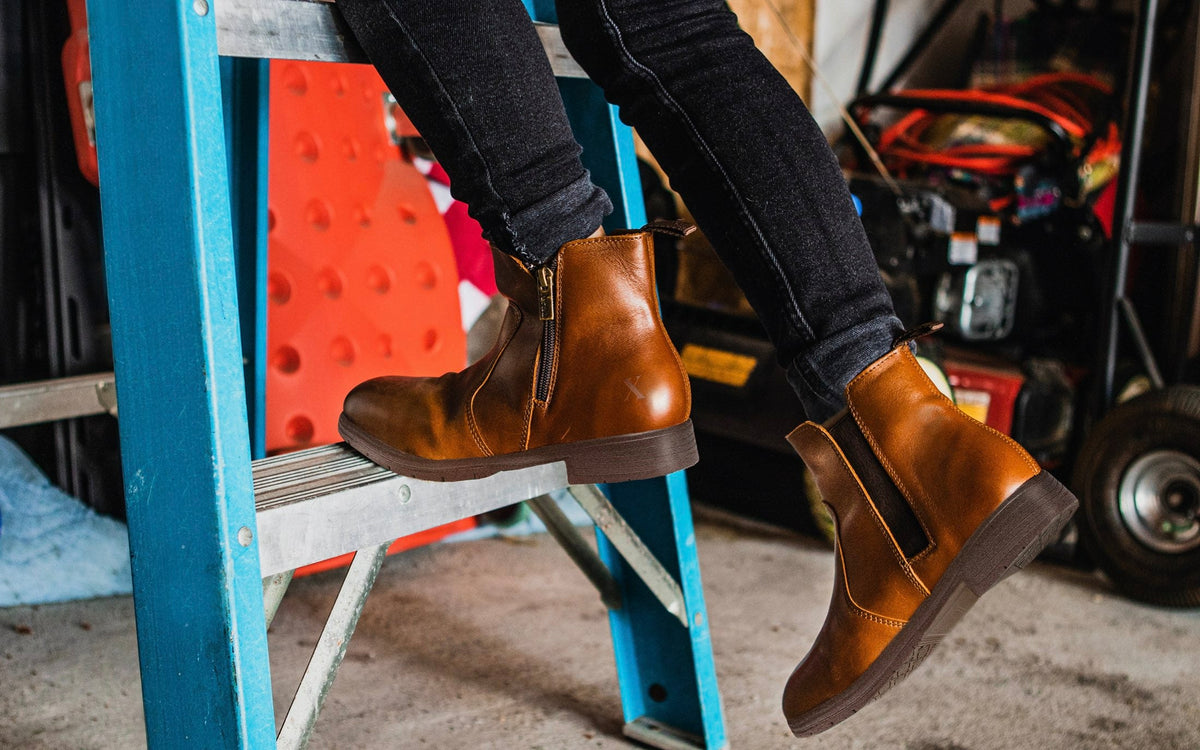 Xena Omega women’s steel toe zip-up work boots in Bourbon Brown