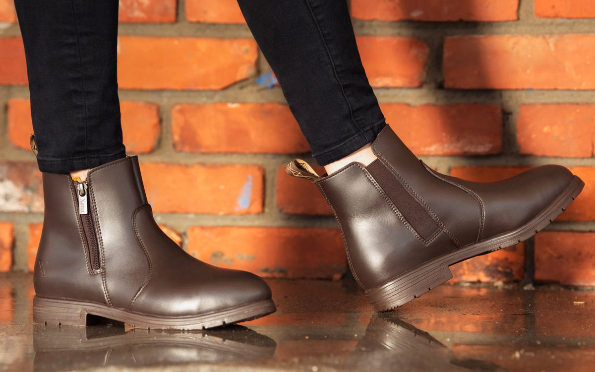 Xena Omega women’s steel toe zip-up work boots in Vegan Brown