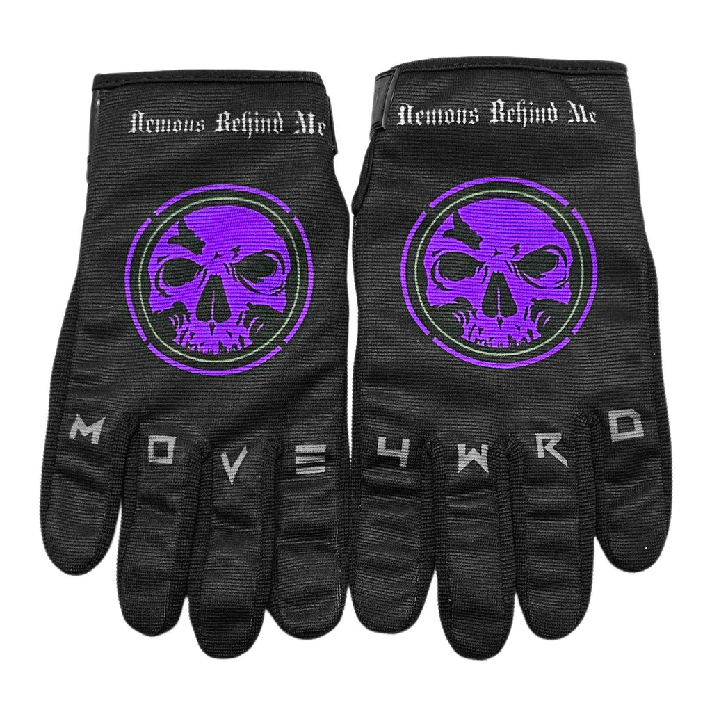 Demons Behind Me Leather-Palm Riding Gloves – Purple Logo