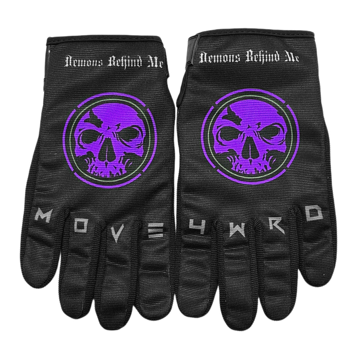 Demons Behind Me Leather-Palm Riding Gloves – Purple Logo