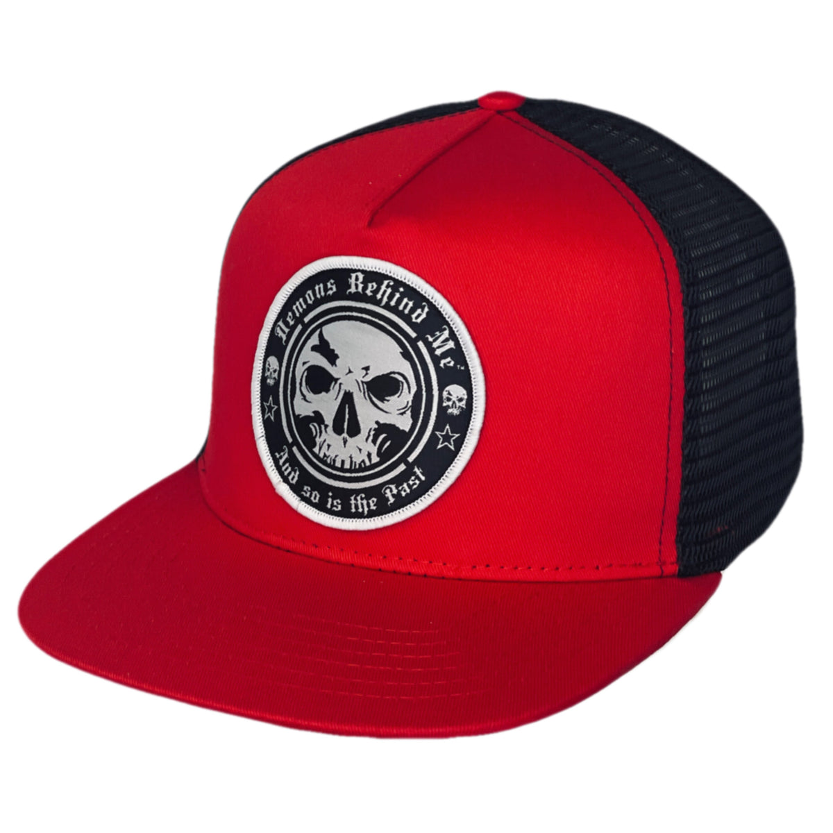 Demons Behind Me Circle Skull Trucker Hat – Red & Black