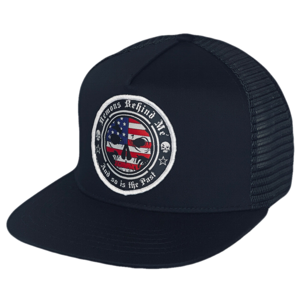 Demons Behind Me Patriotic Trucker Hat – Black